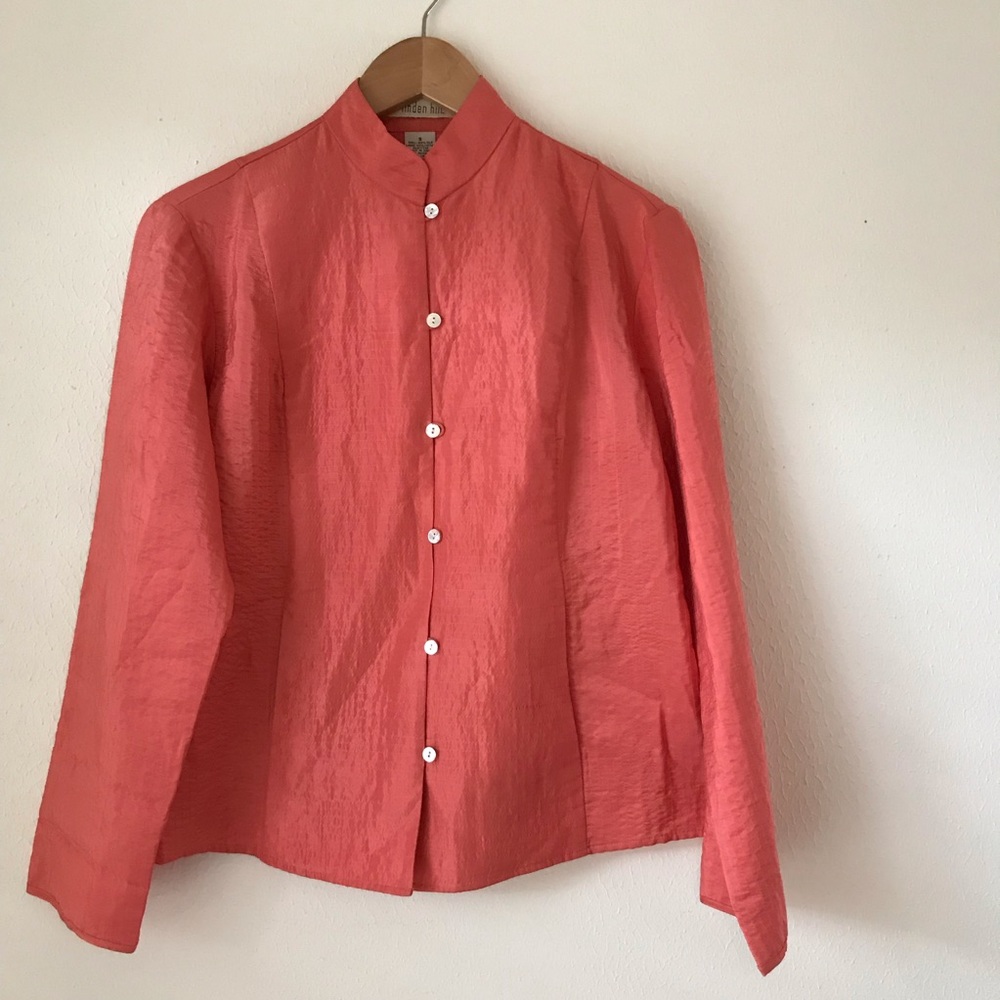 🌱Vintage Coral Silk Blouse with Mandarin Collar